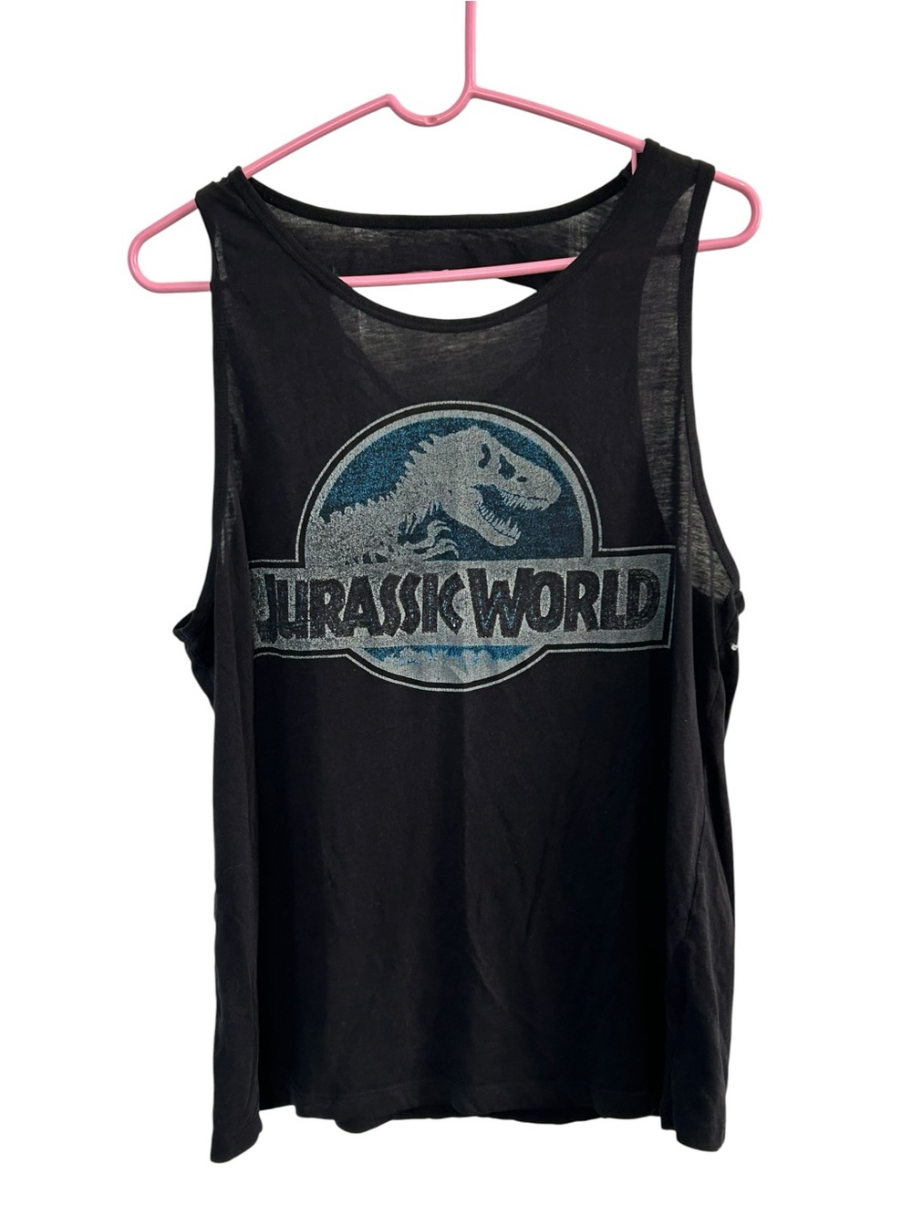Jurassic World Graphic Tank Top Shredded Caged Ladder Back Distressed Black